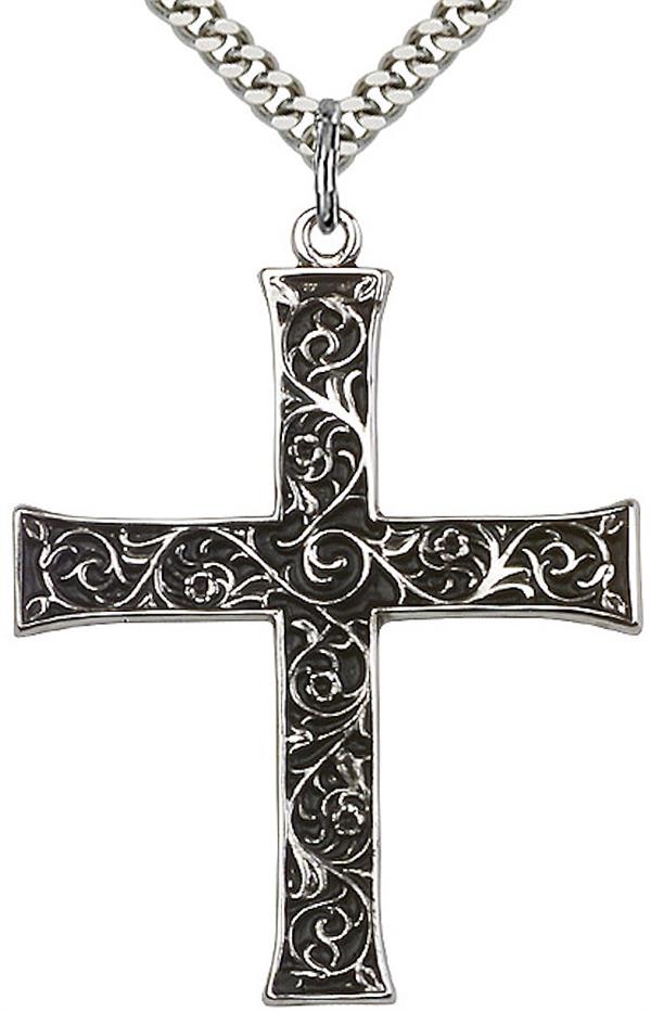 Ornate Cross Necklace in Fine Pewter, 1-1/2", Your Choice of Chain, # 3601