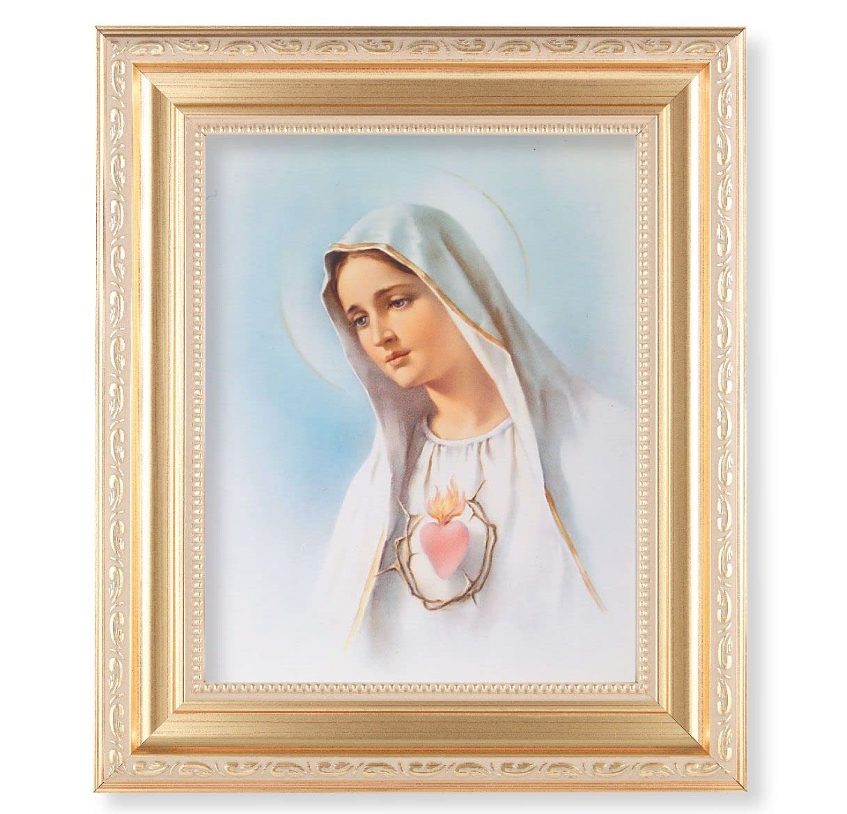 Immaculate Heart of Mary, 11.5"x13.5" Satin Gold Frame, Distressed Finish with Scrollwork, Italian Print Under Glass # 26430