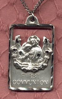Sterling First Communion Medal 1 1/8" tall, your Choice of Chain # 3646