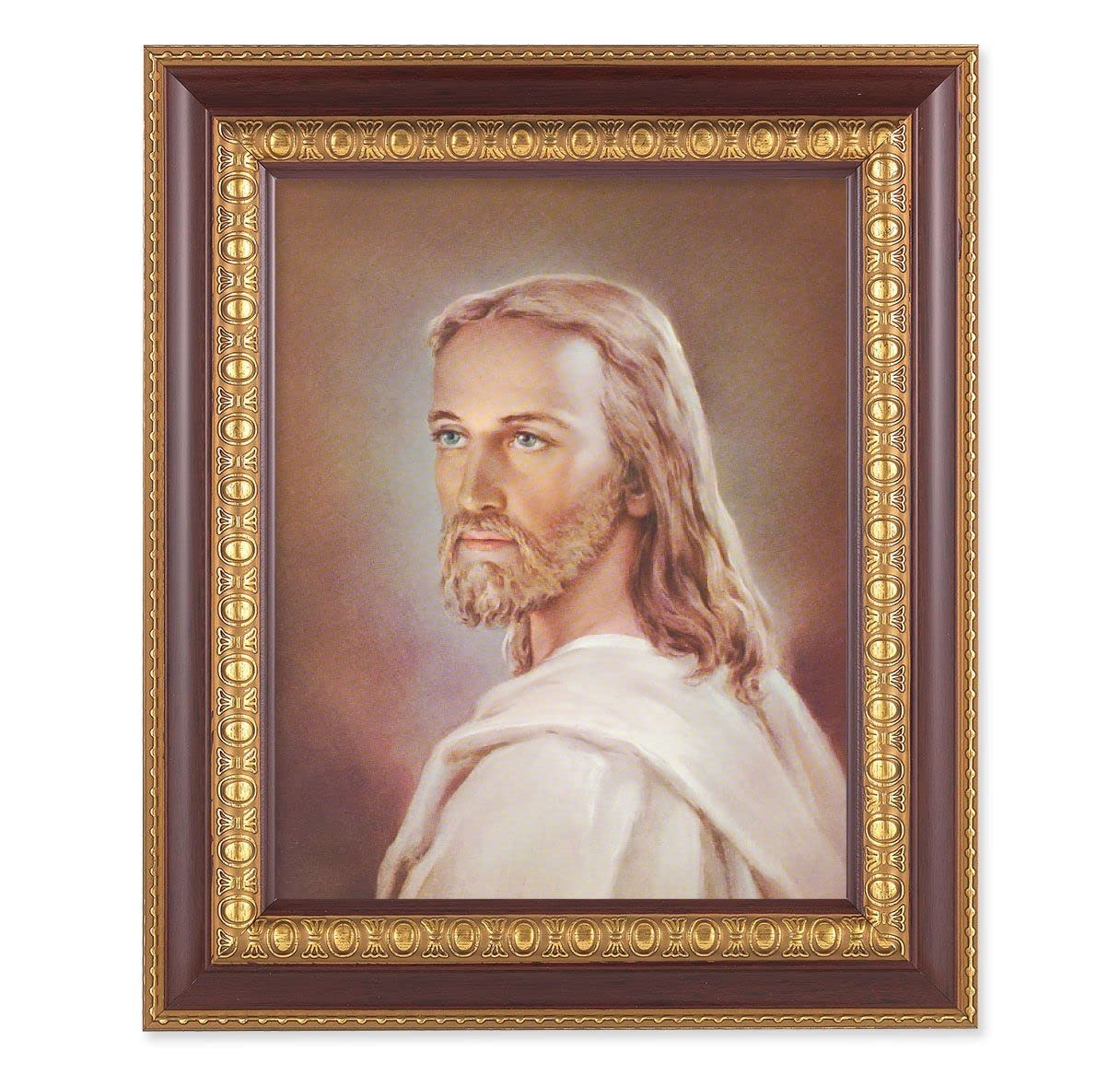 Head of Christ, 11-1/2"x13-1/2, Cherry Finish with Gold Egg & Dart Frame, Italian Print Under Glass # 25968