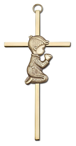 6" Praying Boy Cross, Gold Figure on Polished Brass Cross, # 3664
