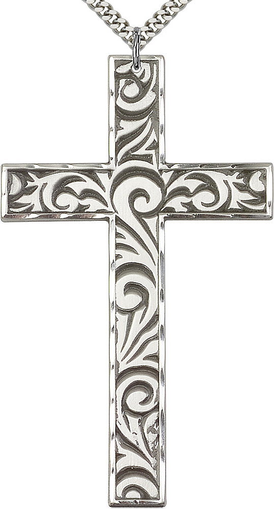 Floral Cross Necklace in Fine Pewter, 3", Your Choice of Chain, # 3670