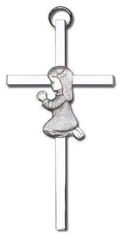 4" Praying Girl Cross, Silver Figure on Nickel Plated Cross, # 3674