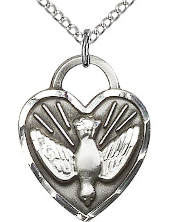 Dove / Holy Spirit Heart Necklace in Fine Pewter, 11/16", Your Choice of Chain, # 3691