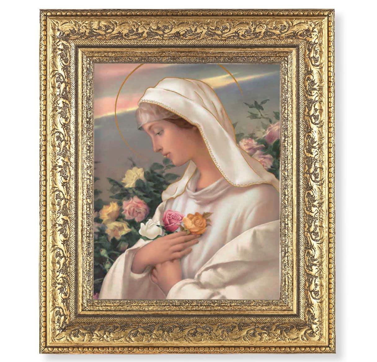 Mystical Rose Picture, 12-1/2"x14-1/2, Antique Gold Leaf Carvings Ornate Frame, Italian Print Under Glass # 25485