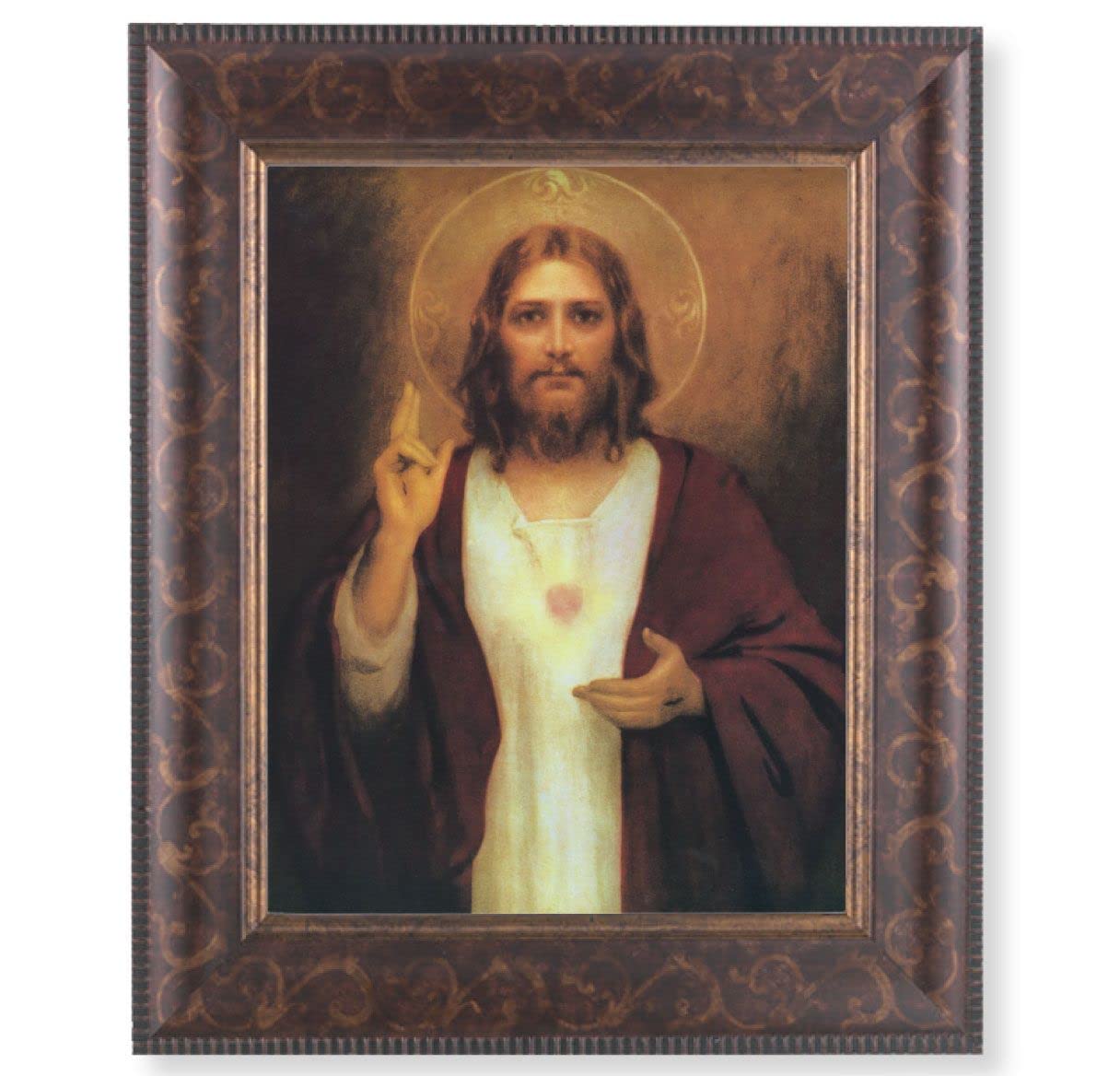 Sacred Heart of Jesus Picture, 11-1/4"x13-1/4, Antique Gold & Espresso Frame, Italian Print Under Glass # 25788