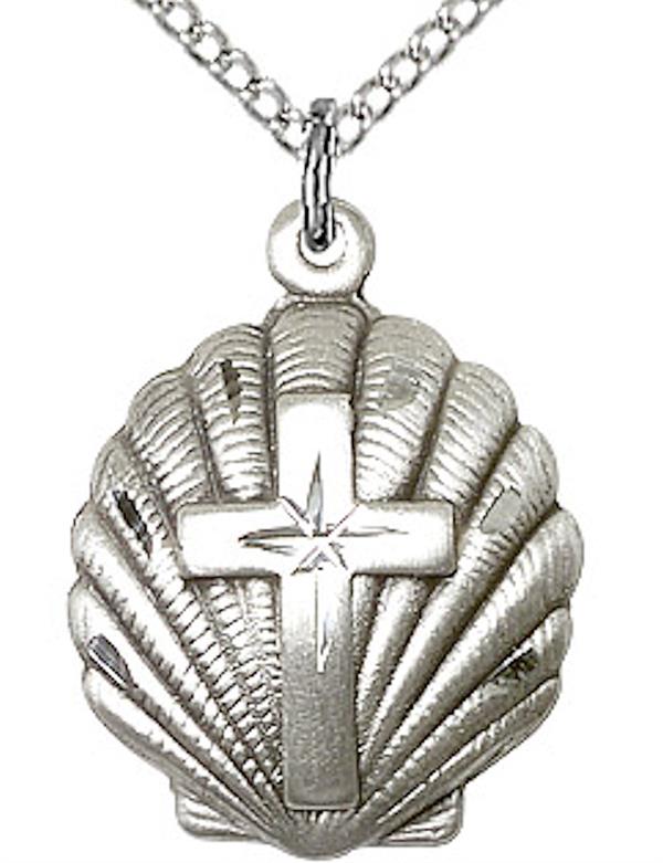 Baptism Shell Necklace in Fine Pewter, 11/16", Your Choice of Chain, # 3766