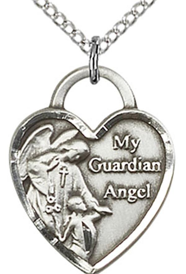 Guardian Angel Heart Medal Necklace in Fine Pewter, 11/16", Your Choice of Chain, # 3826