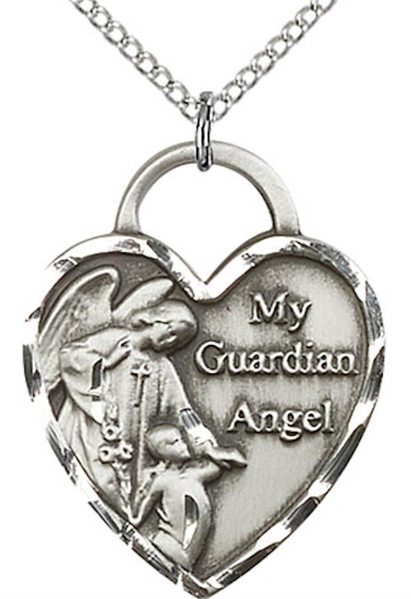 Guardian Angel Heart Medal Necklace in Fine Pewter, 7/8", Your Choice of Chain, # 3833
