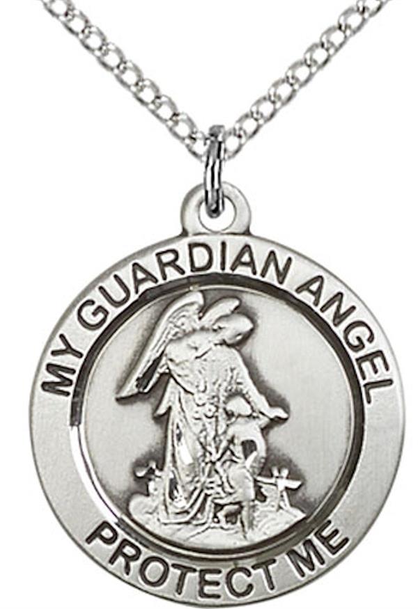 Guardian Angel Medal Necklace in Fine Pewter, 3/4", Your Choice of Chain, # 3834