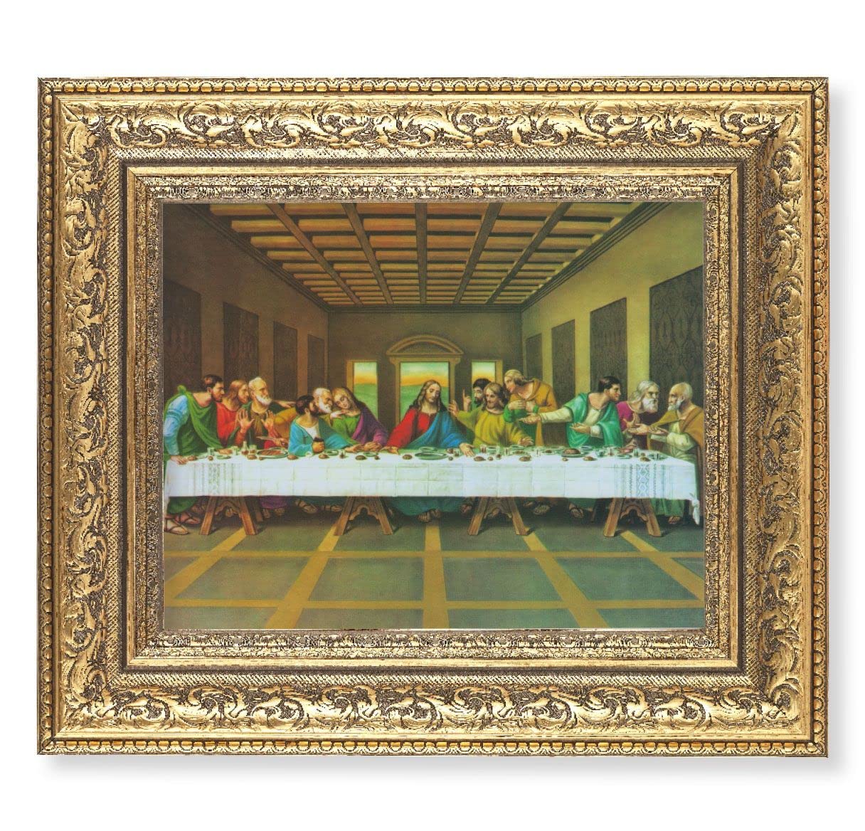 The Last Supper Picture, 12-1/2"x14-1/2, Antique Gold Leaf Carvings Ornate Frame, Italian Print Under Glass # 25541