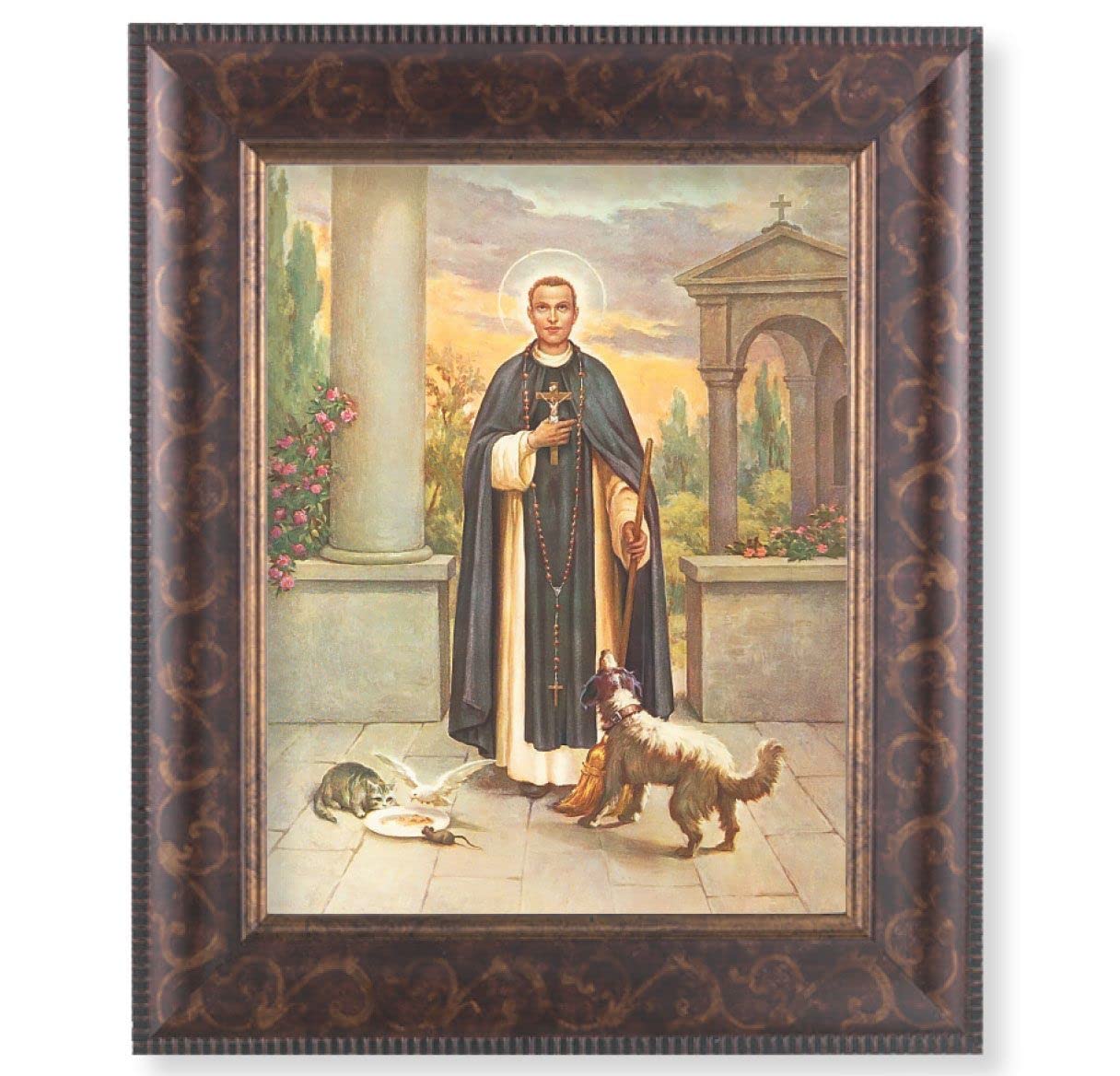 St. Martin DePorres Picture, 11-1/4"x13-1/4, Antique Gold & Espresso Frame, Italian Print Under Glass # 25885