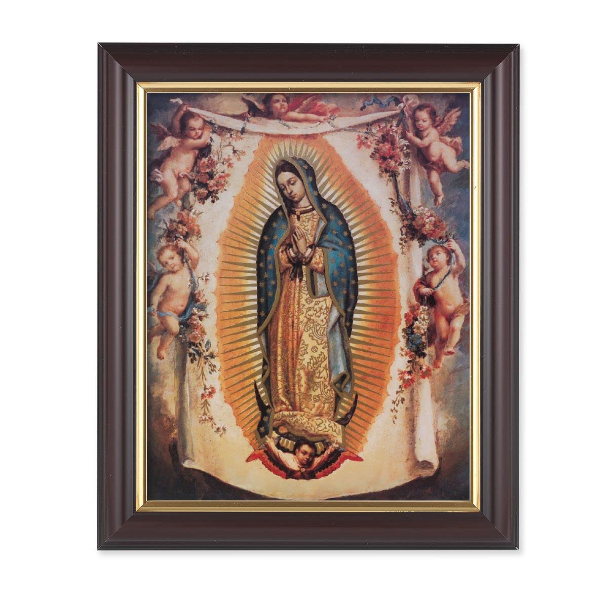Our Lady of Guadalupe with Angels, 10"x12", Classic Fluted Walnut Finished Frame, Italian Print Under Glass # 26223