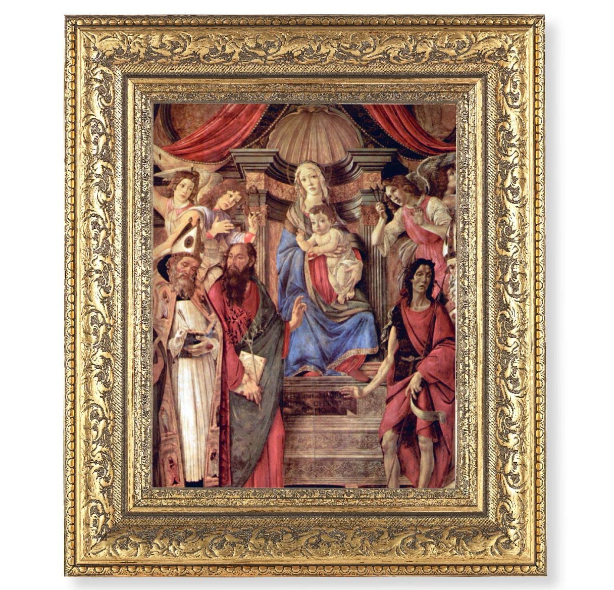Madonna Throne of Angels Picture, 12-1/2"x14-1/2, Antique Gold Leaf Carvings Ornate Frame, Italian Print Under Glass # 25571