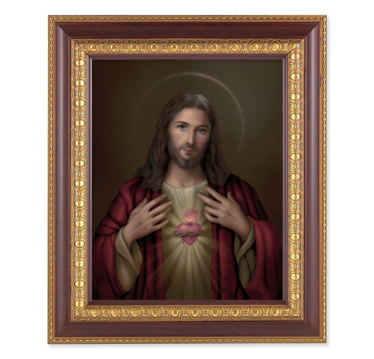 Sacred Heart of Jesus, 11-1/2"x13-1/2, Cherry Finish with Gold Egg & Dart Frame, Italian Print Under Glass # 25960