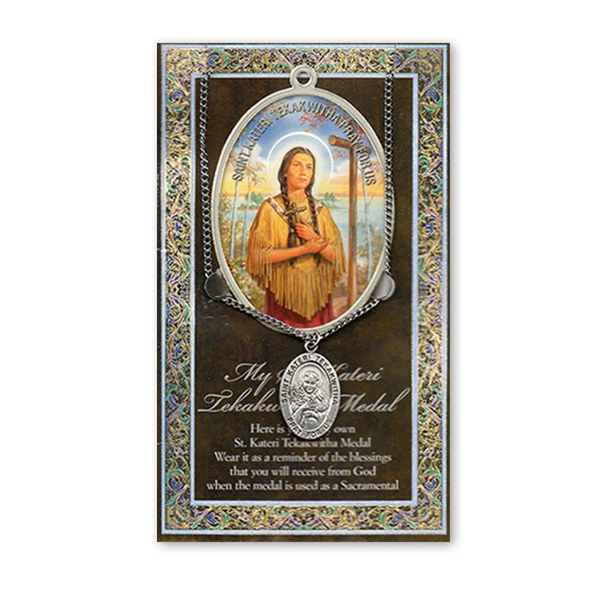 15/16" Pewter Medal with Folding Prayer Card, St. Kateri Tekakwitha, # 93139