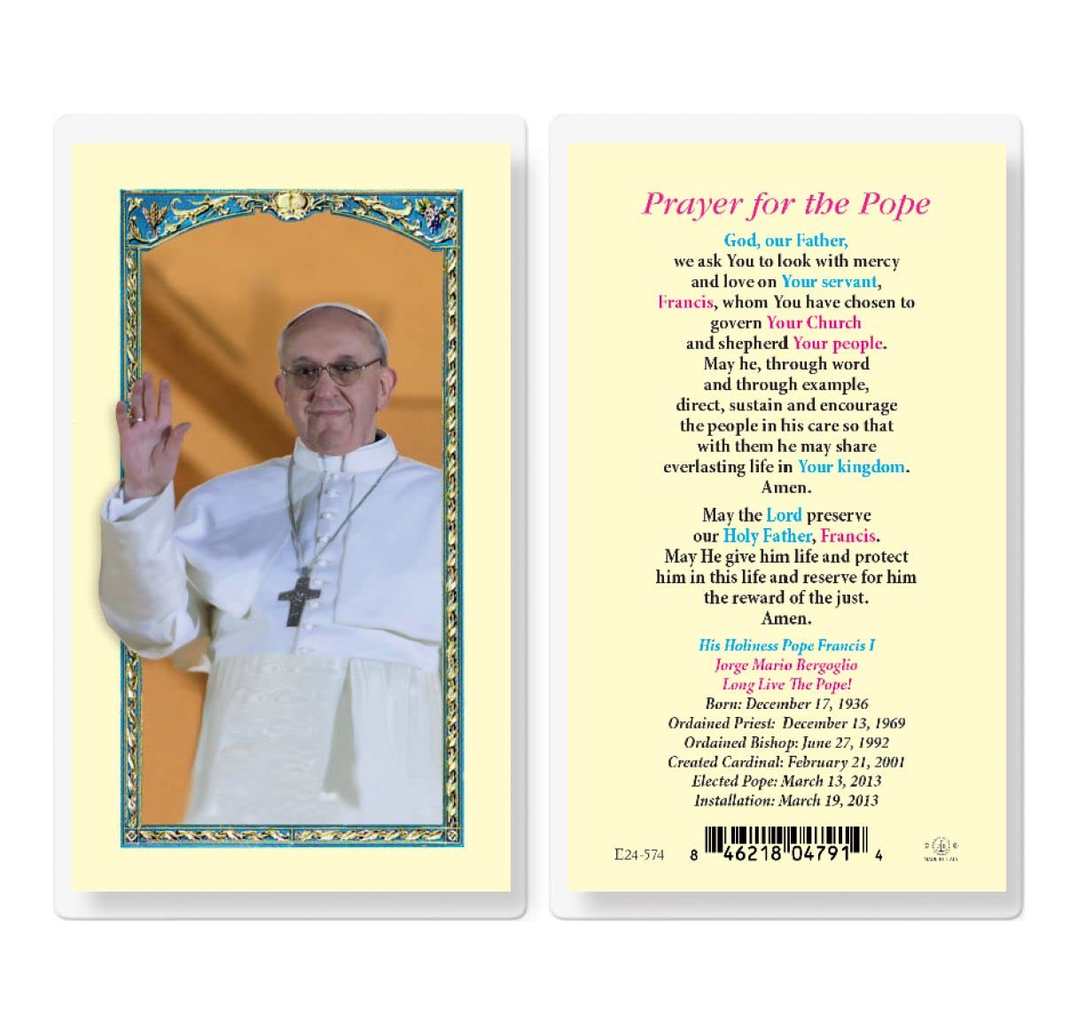 Pope Francis, Prayer for the Pope Laminated Holy Card, 25-Pack, # 61758