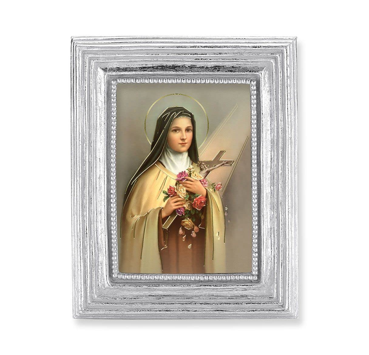 St. Therese of Lisieux Picture, Silver Finish 3-7/8"x4-3/4 Frame, Exclusive Gold Stamped Print Under Glass # 28382