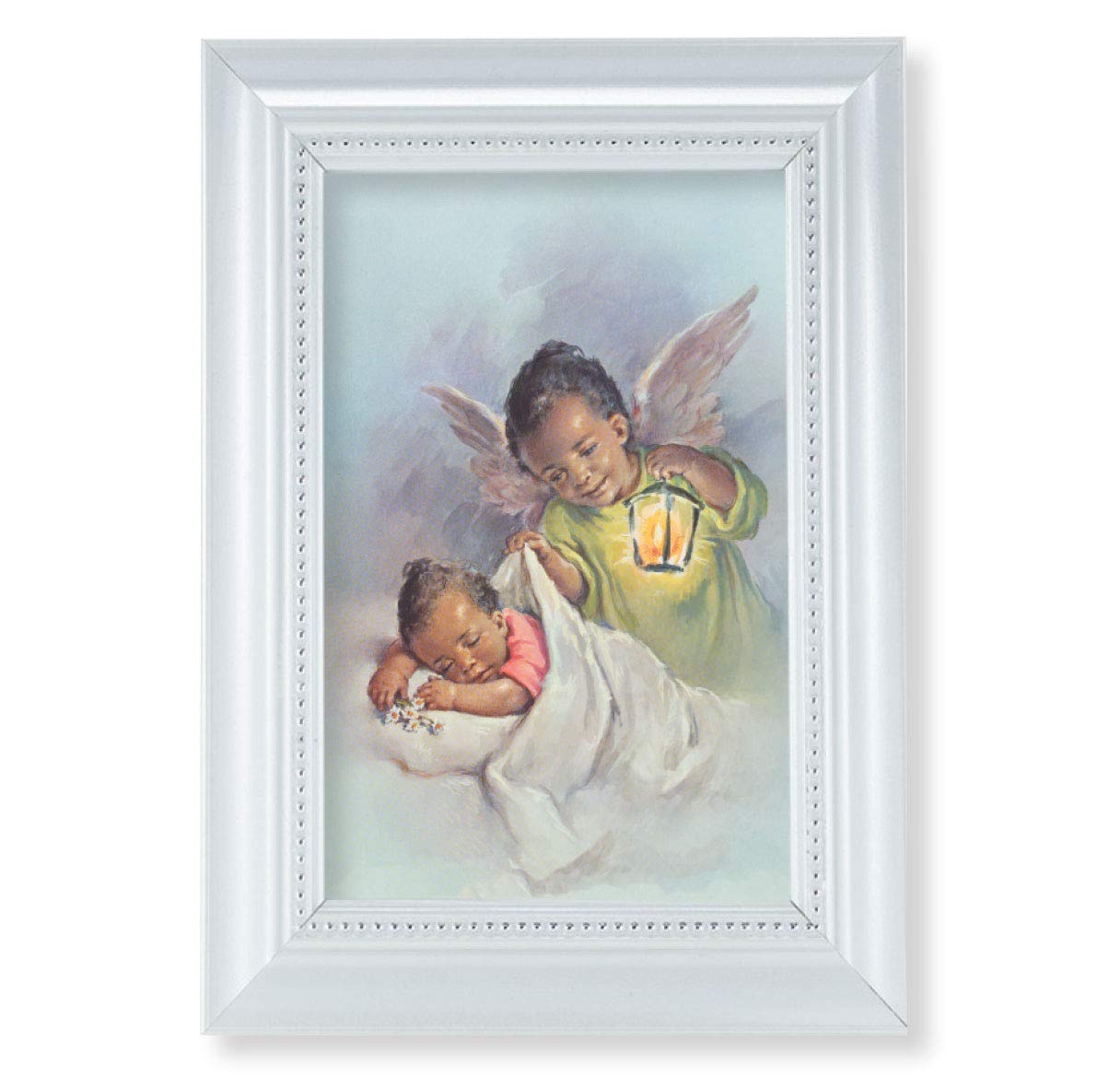 Black Guardian Angel Picture, Pearlized White 5-1/2"x7 Frame, Beaded Lip, Under Glass # 28085