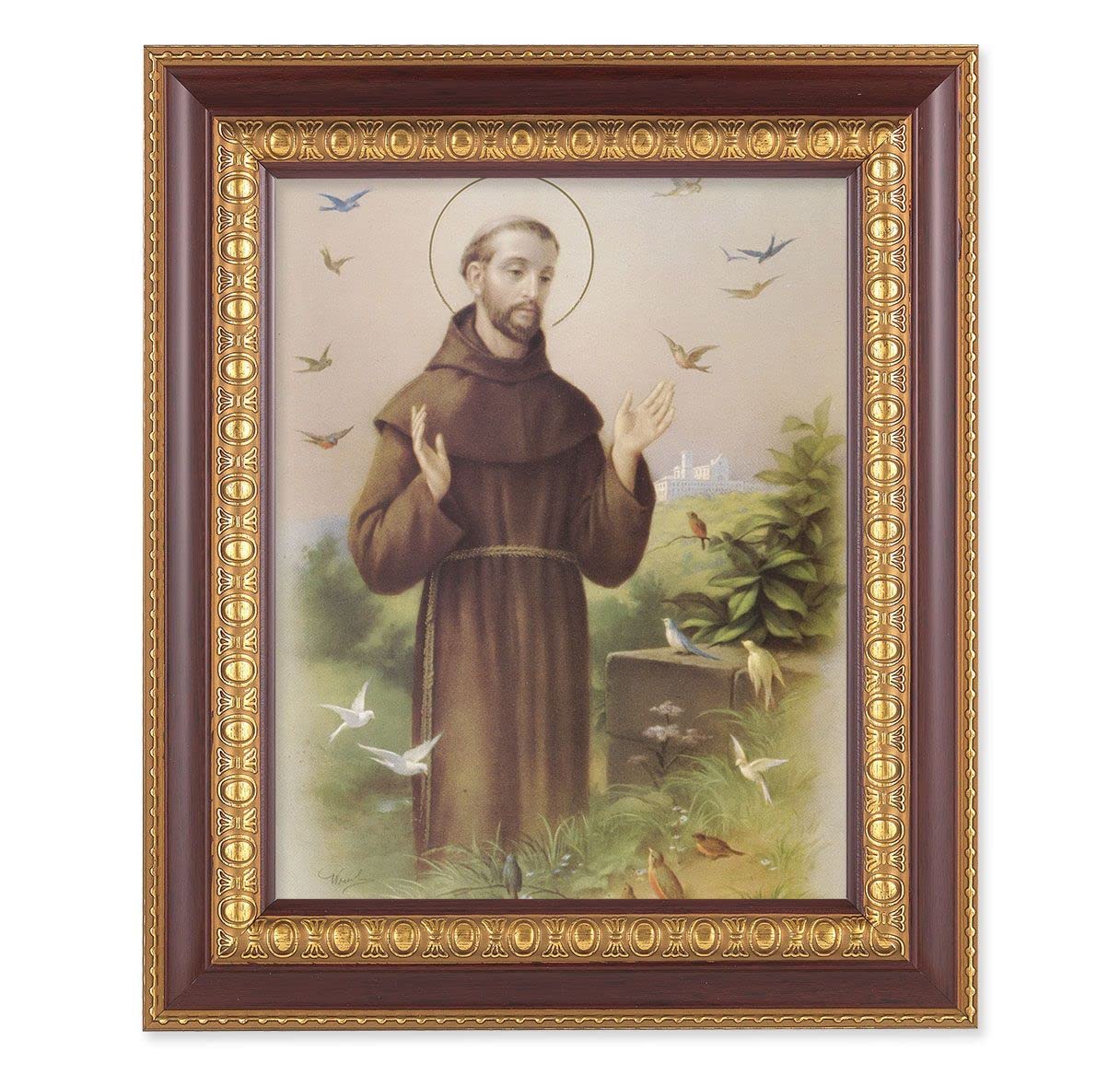 St. Francis of Assisi, 11-1/2"x13-1/2, Cherry Finish with Gold Egg & Dart Frame, Italian Print Under Glass # 26056