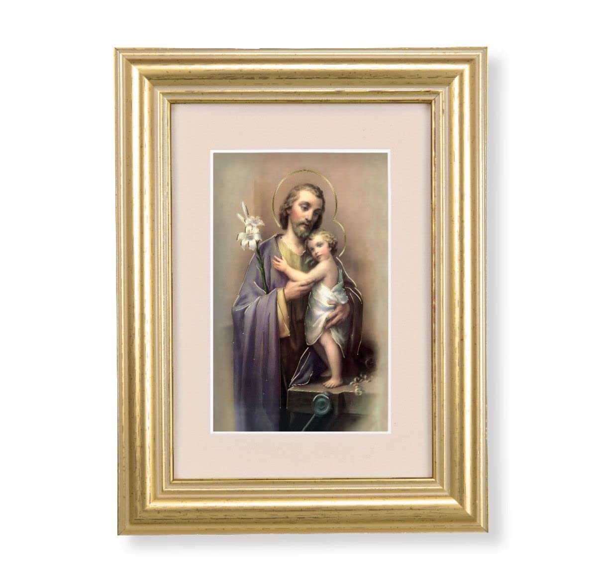 St. Joseph & Child Jesus Picture, 5"x6.5" Antique Gold Fluted Frame, Behind Cream Velvet Matting # 28252