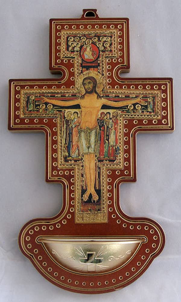A San Damiano holy water font with a gold bowl, 4 1/2"x8". Made in Italy, # 21976