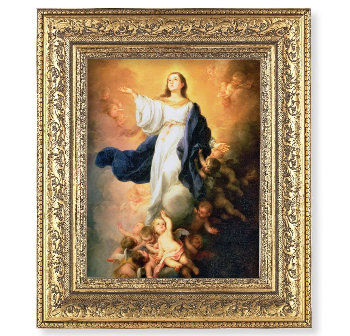 Immaculate Conception Picture, 12-1/2"x14-1/2, Antique Gold Leaf Carvings Ornate Frame, Italian Print Under Glass # 25560