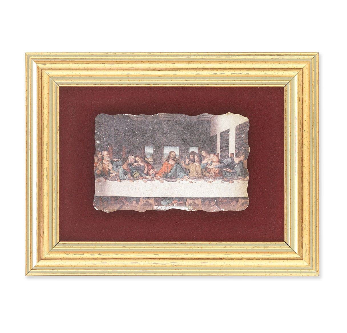 Da Vinci: Last Supper Picture, Antique Gold 5" x6-1/2 Frame, Image Centered On Burgundy Velvet Matting # 28130