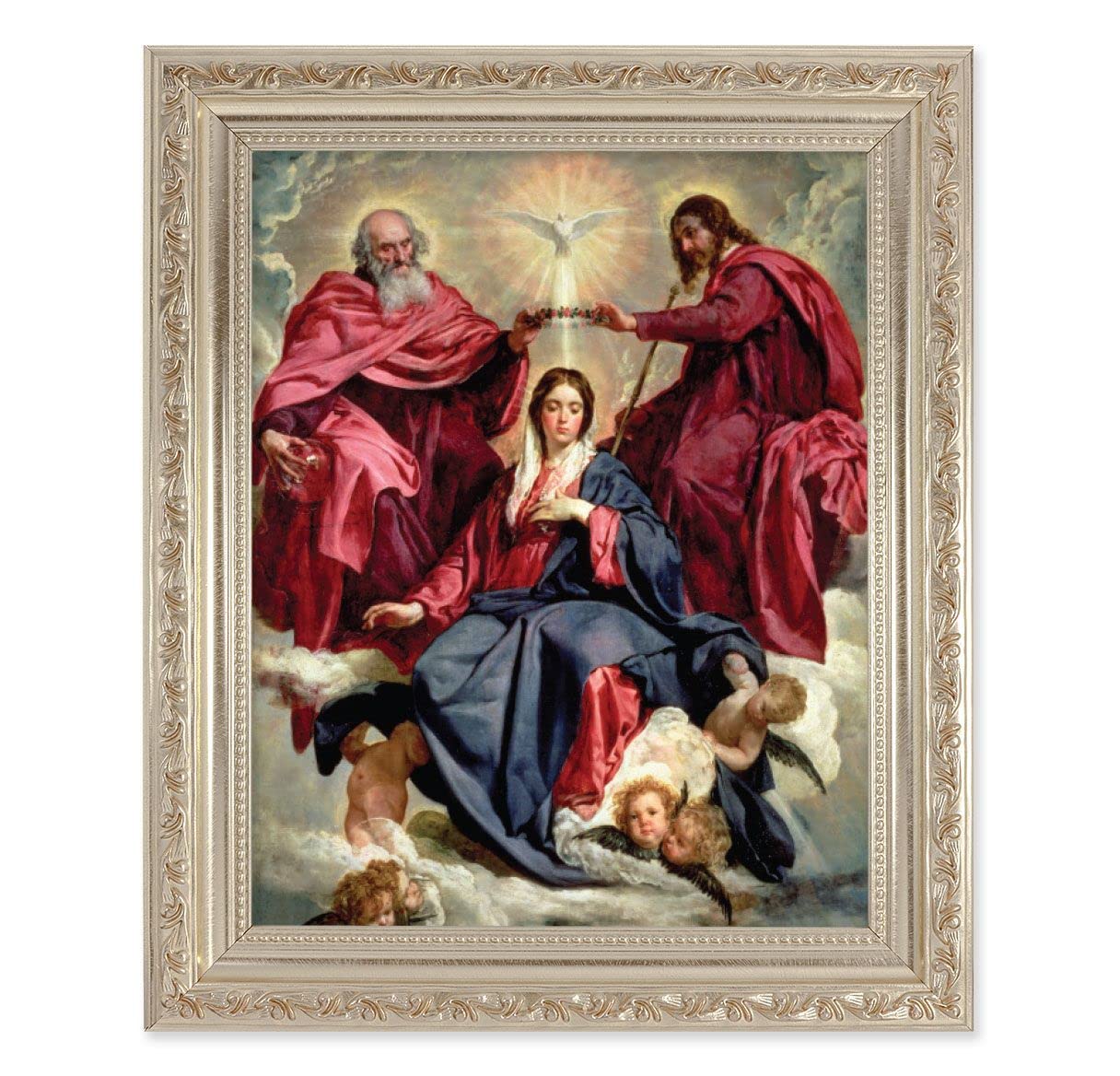 Crowning of Mary, 10"x12" Antique Silver & Carved Scrollwork Frame, Italian Print Under Glass # 26886
