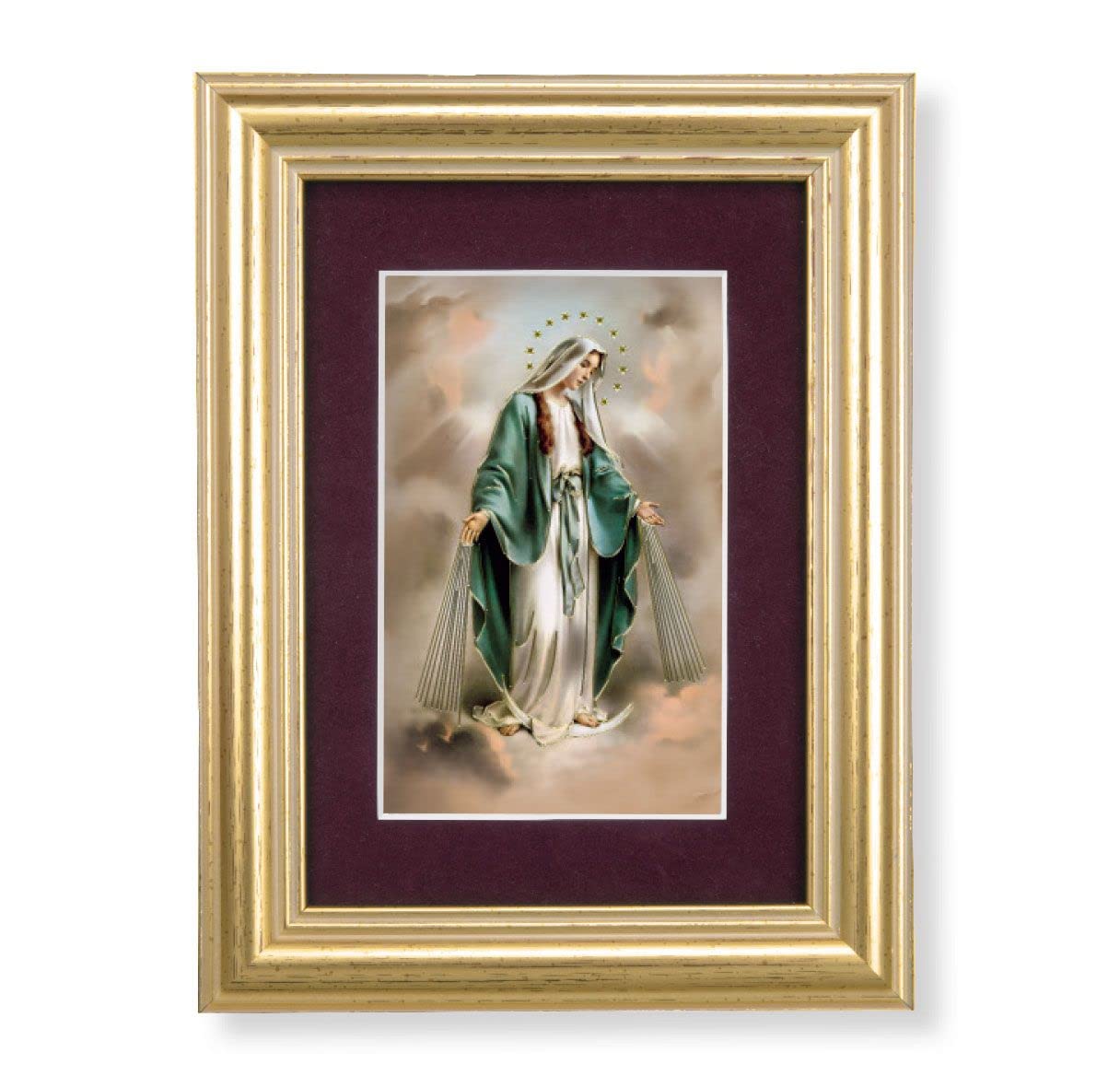 Our Lady of Grace Picture, 5"x6.5" Antique Gold Fluted Frame, Behind Maroon Velvet Matting # 28286
