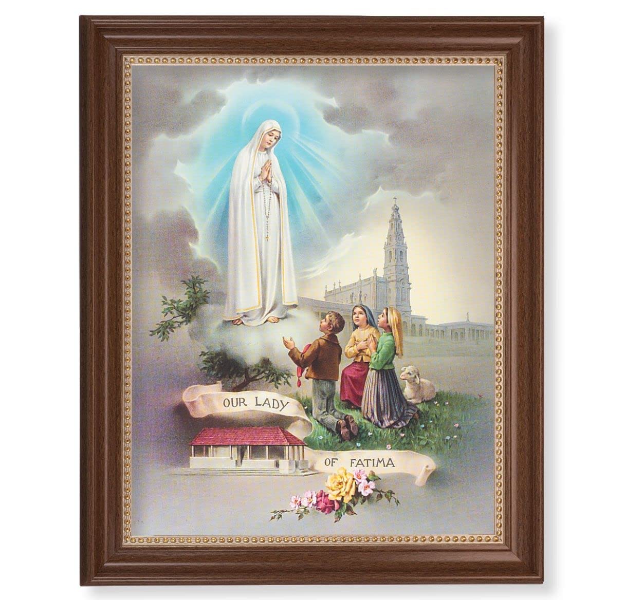 Our Lady of Fatima Picture, 13-1/2"x16-9/16 Walnut Finish Frame with Gold Beaded Lip, Textured Italian Print # 22331