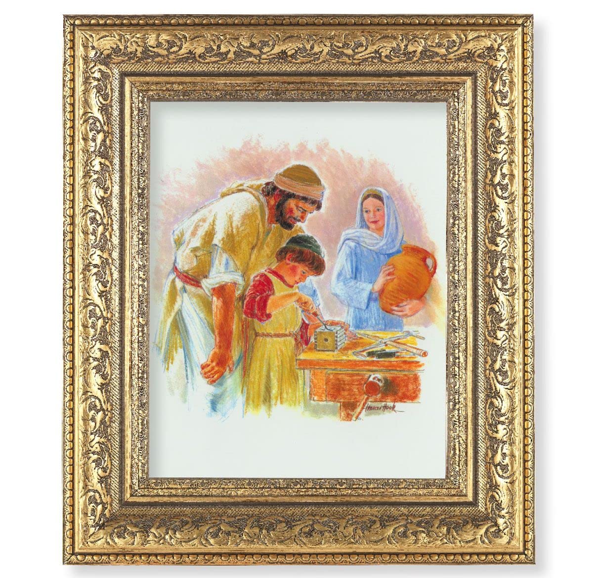 Jesus the Carpenter Picture, 12-1/2"x14-1/2, Antique Gold Leaf Carvings Ornate Frame, Italian Print Under Glass # 25577