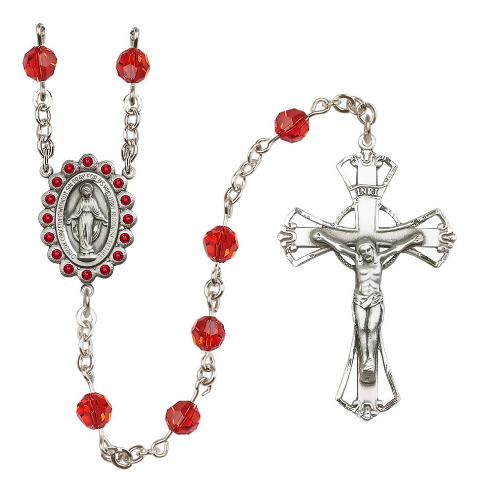 Miraculous Medal Rosary Sterling and Ruby/July Austrian Crystal #4073