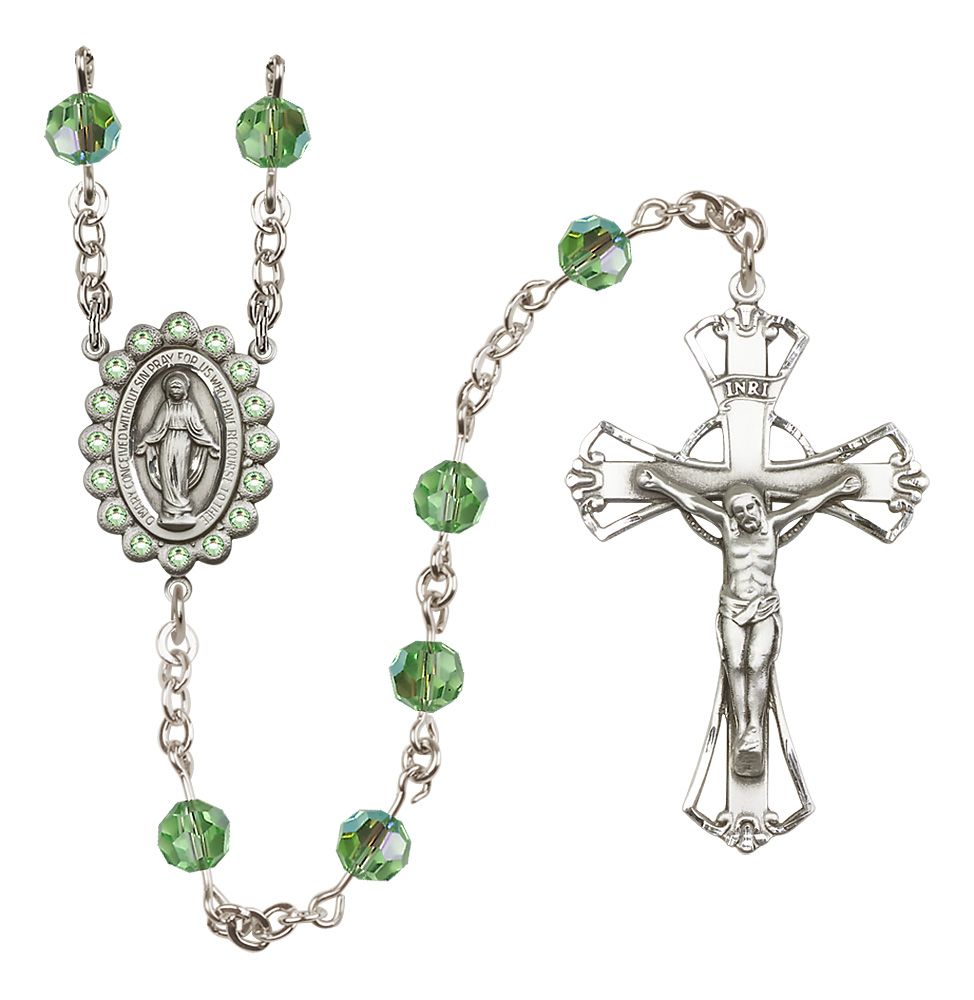 Miraculous Medal Rosary Sterling and Peridot Austrian Crystal #4081