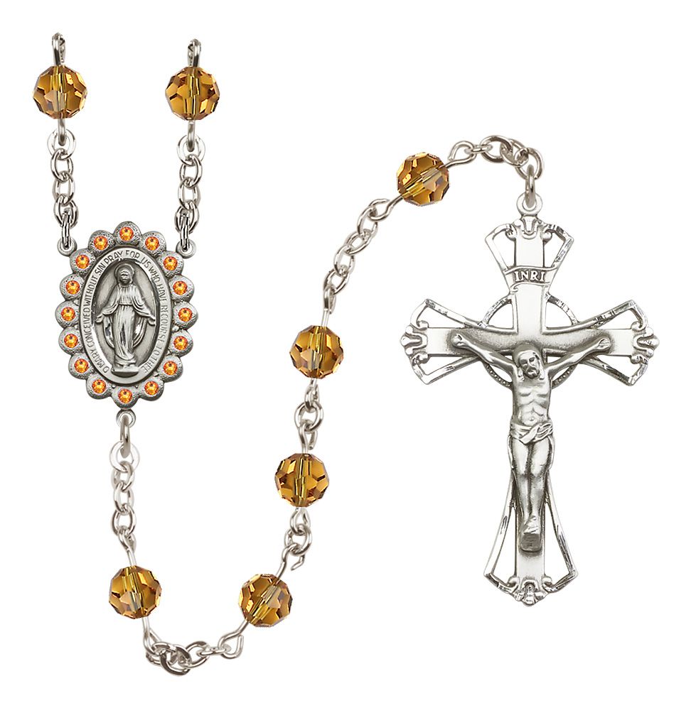 Miraculous Medal Rosary Sterling and Topaz/November Austrian Crystal #4089