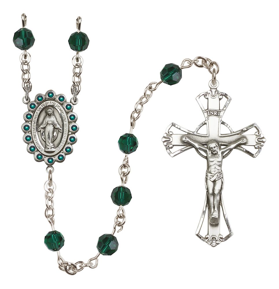 Miraculous Medal Rosary Sterling and Emerald/May Austrian Crystal #4091