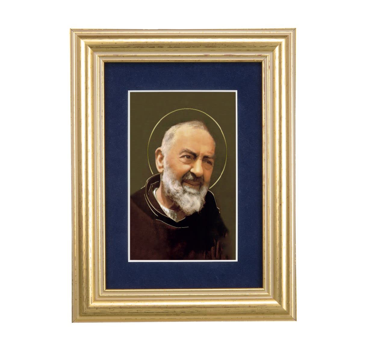 St. Padre Pio Picture, 5"x6.5" Antique Gold Fluted Frame, Behind Blue Velvet Matting # 28281