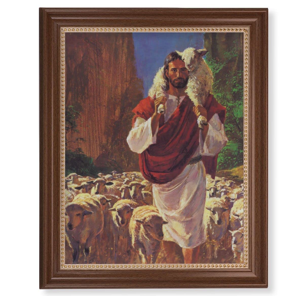 Hook: The Good Shepherd Picture, 13-1/2"x16-9/16 Walnut Finish Frame with Gold Beaded Lip, Textured Italian Print # 22283