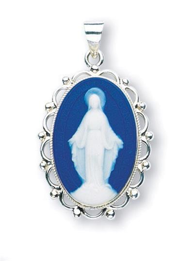 1-3/4" Sterling Silver & Blue Miraculous Medal Cameo, Your Choice of Chain, # 41793
