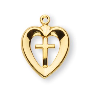 Heart with Cross, 11/16", 16kt Gold over Sterling, Your Choice of Chain # 41809.