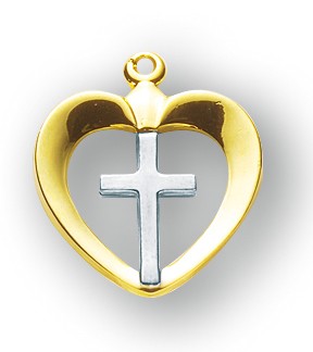 Heart with Cross, 5/8", Tutone 16Kt Gold over Sterling, Your Choice of Chain # 41810.