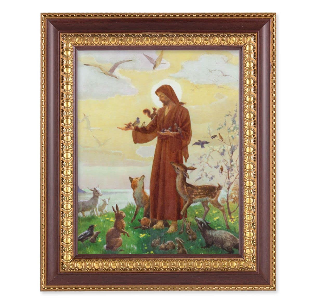 Jesus with Animals Picture, 11-1/2"x13-1/2, Cherry Finish with Gold Egg & Dart Frame, Italian Print Under Glass # 26145