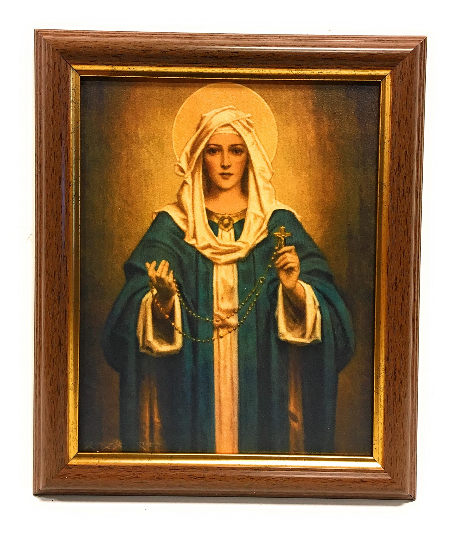 Our Lady of The Rosary Picture, 10.5"x12.5" Walnut Finished Fluted Frame, Gold Beaded Lip, Italian Print # 27133