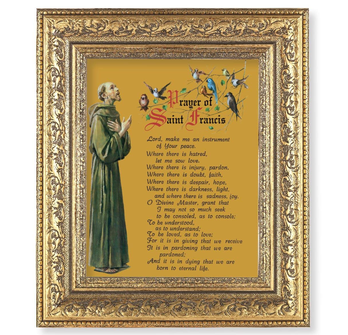 Prayer of St. Francis Picture, 12-1/2"x14-1/2, Antique Gold Leaf Carvings Ornate Frame, Italian Print Under Glass # 25513