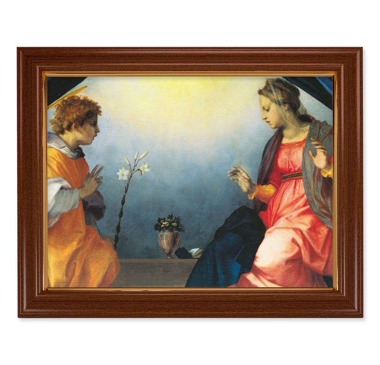 Sarto The Annunciation Picture, 15-1/2"x19-1/2 Walnut Finish Frame with Thin Gold Lip, Textured Italian Print # 22247