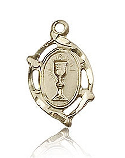 First Communion Cup Bordered Oval Medal 1/2" Solid 14kt Gold, Free Chain, # 43360