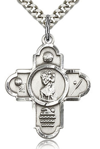 1" St. Christopher Sport 4-Way Medal Sterling, Your Choice of Chain # 43419
