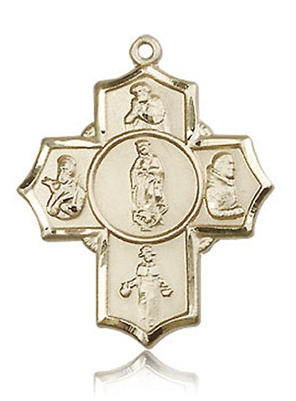 Guadalupe 5-Way Medal 1-1/8" Solid 14kt Gold, Free Chain, # 43449