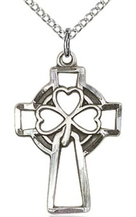 Pierced Shamrock Irish Cross 15/16" Sterling, Your Choice of Chain # 43489