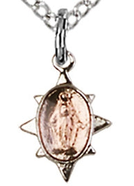 Sterling Silver Miraculous Medal 8-Point, Pink Enamel, 3/8" tall, Your choice of chain, # 43582